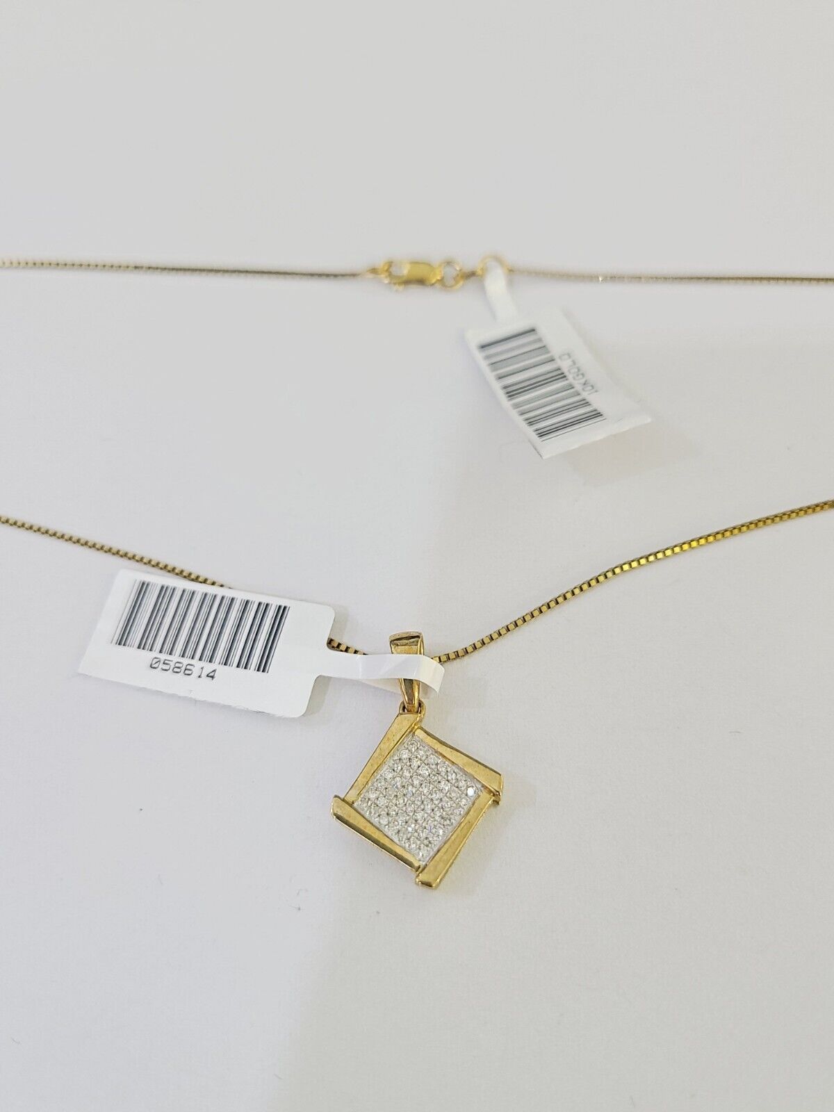 Real 10k Yellow Gold Square Diamond Pendant Box Chain Necklace Set Women