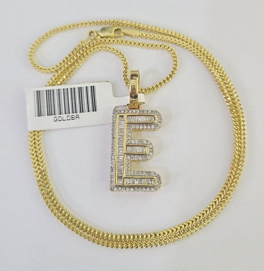 10K Franco Chain Diamond E Pendant Initial Charm Letter Necklace 18"-24" 1.5mm