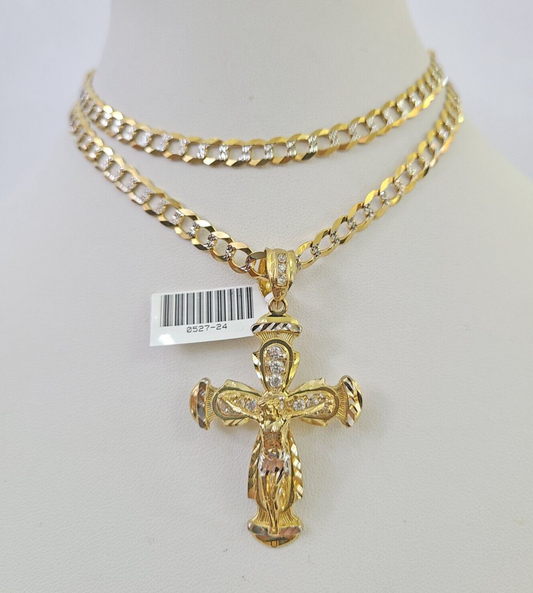 Solid 10k Gold Jesus Cross Charm Pendant Cuban Curb Link Chain 6mm 20-30" SET Necklace