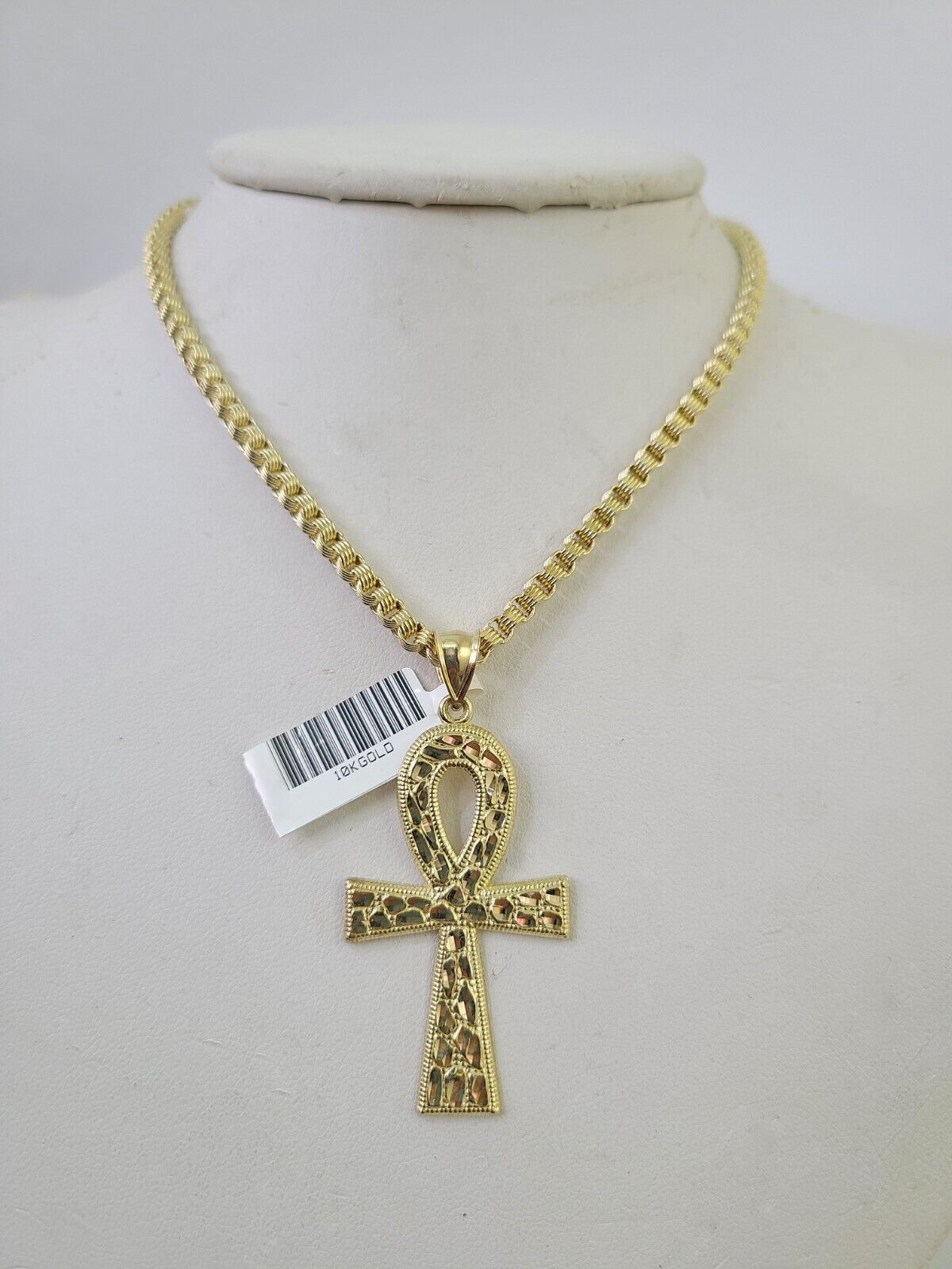 10k Gold Byzantine Necklace Ankh Cross Charm 18-28 inch 3mm SET Chain Pendant