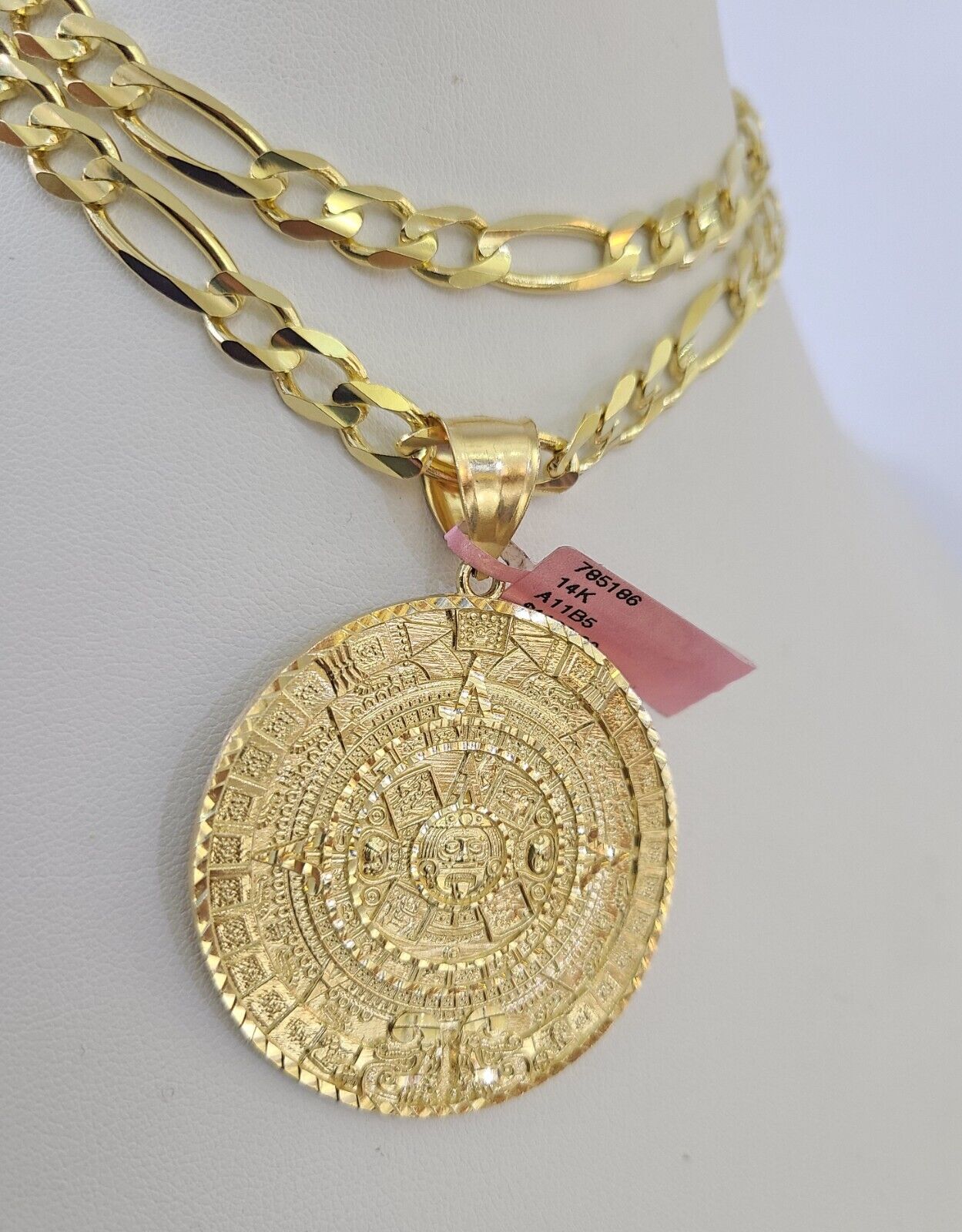 14k Solid Figaro Chain Mayan Calendar Charm Gold 7mm 20-30 inch SET Necklace