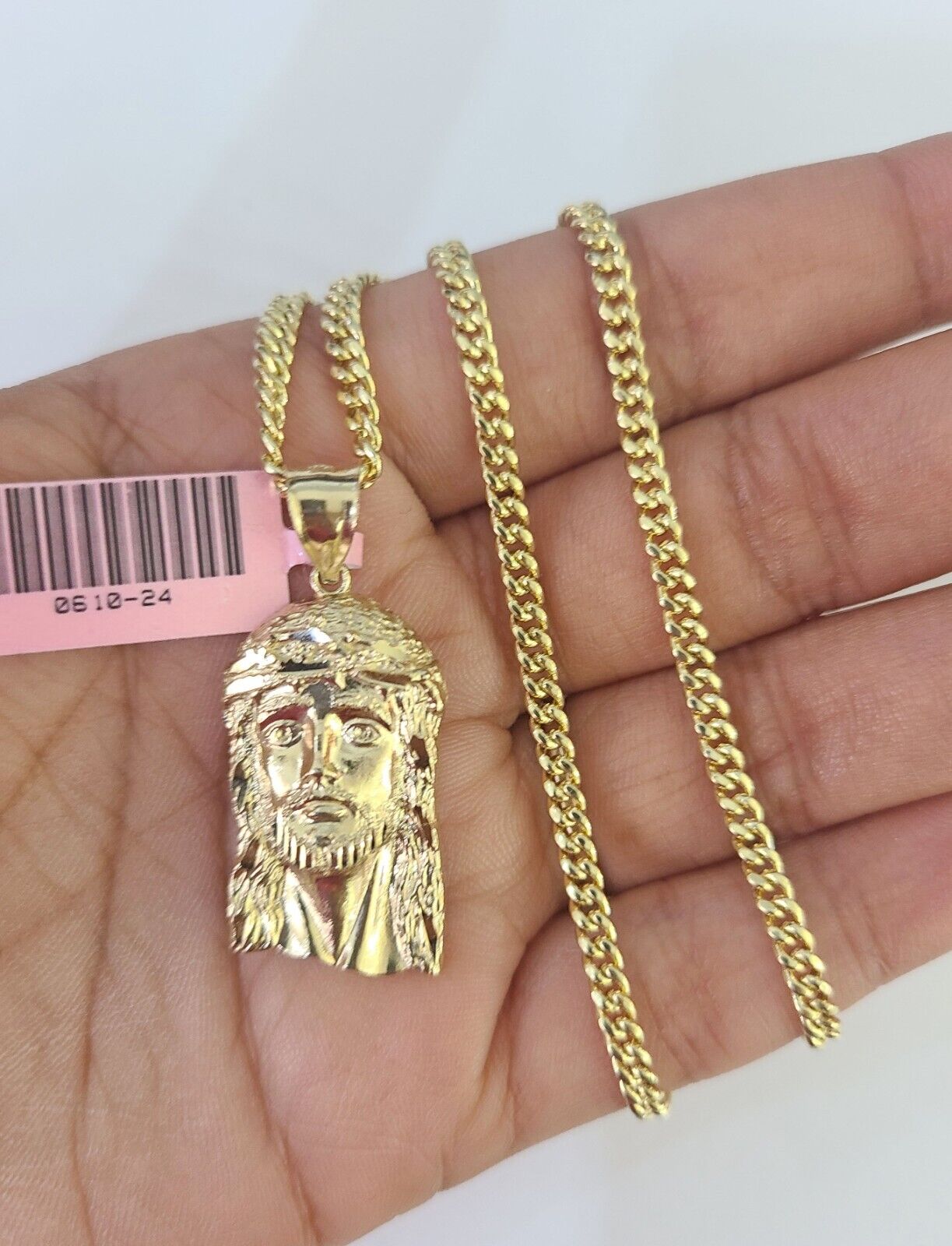 14k Miami Cuban Chain Jesus Head Charm Yellow Gold Set 3mm 18"-28" Necklace