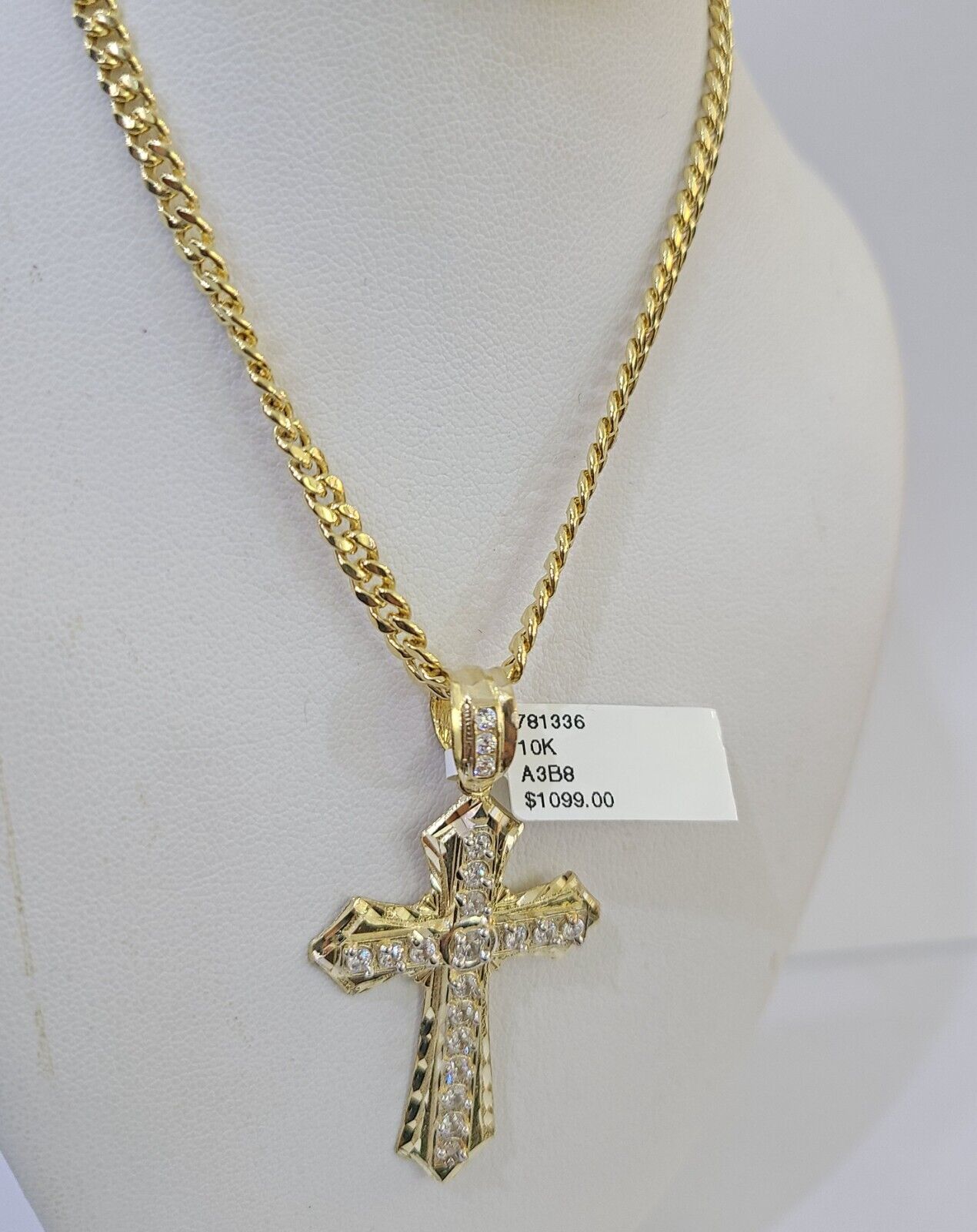 10k Nugget Cross Charm Miami Cuban Chain 4mm 22 inch SET Yellow Gold