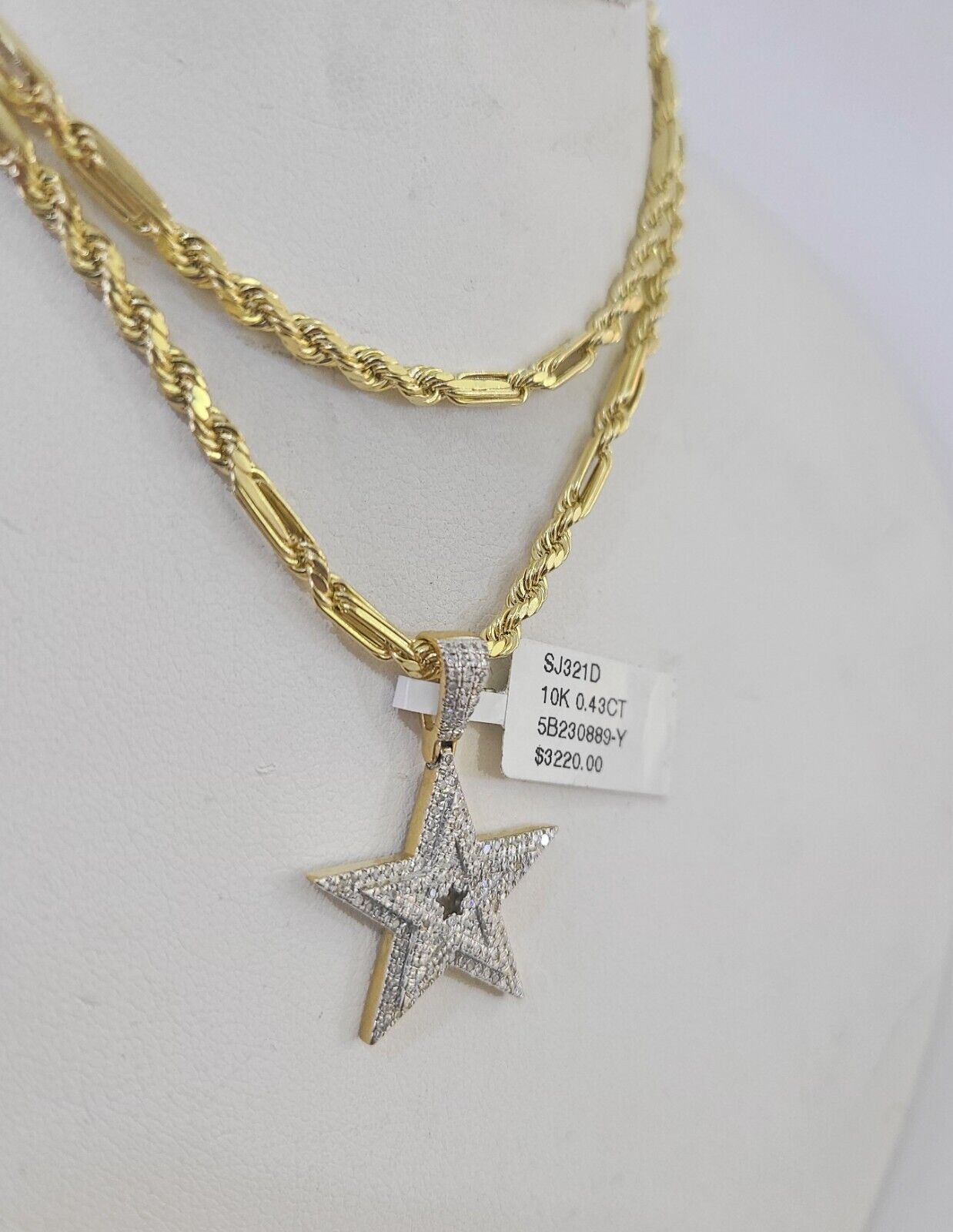 Real 10k Milano Rope Chain Diamond Star Charm Necklace SET 3mm 18" 20" 22" 24"