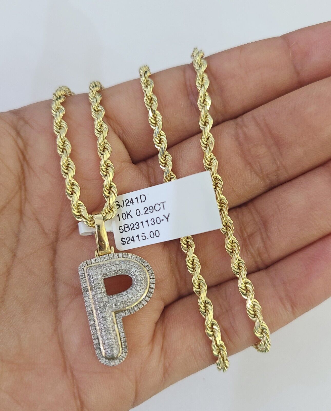 10k 3mm Rope Solid Chain P Diamond Pendant Alphabet 18"-28" Gold Charm Necklace