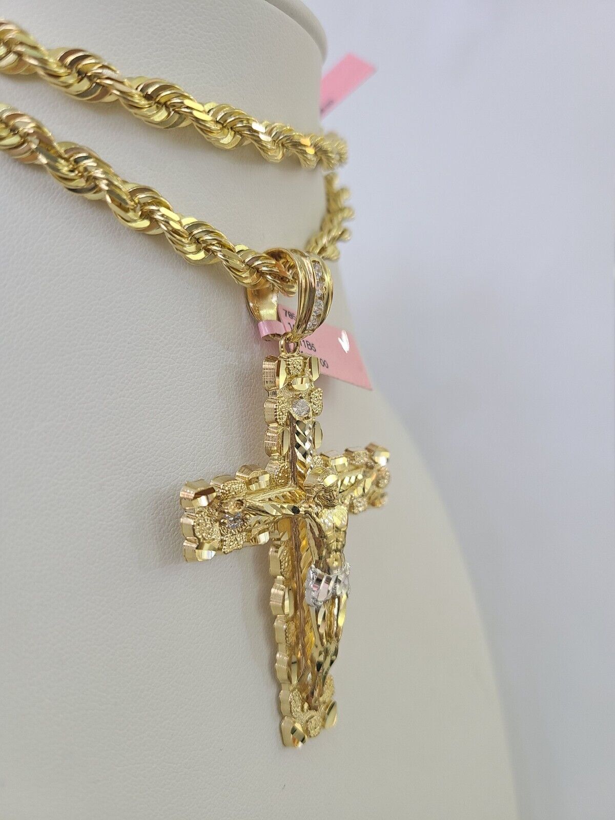 Real 14k Solid Rope Chain Jesus Cross Charm Set 6mm 18"-30" Necklace Gold