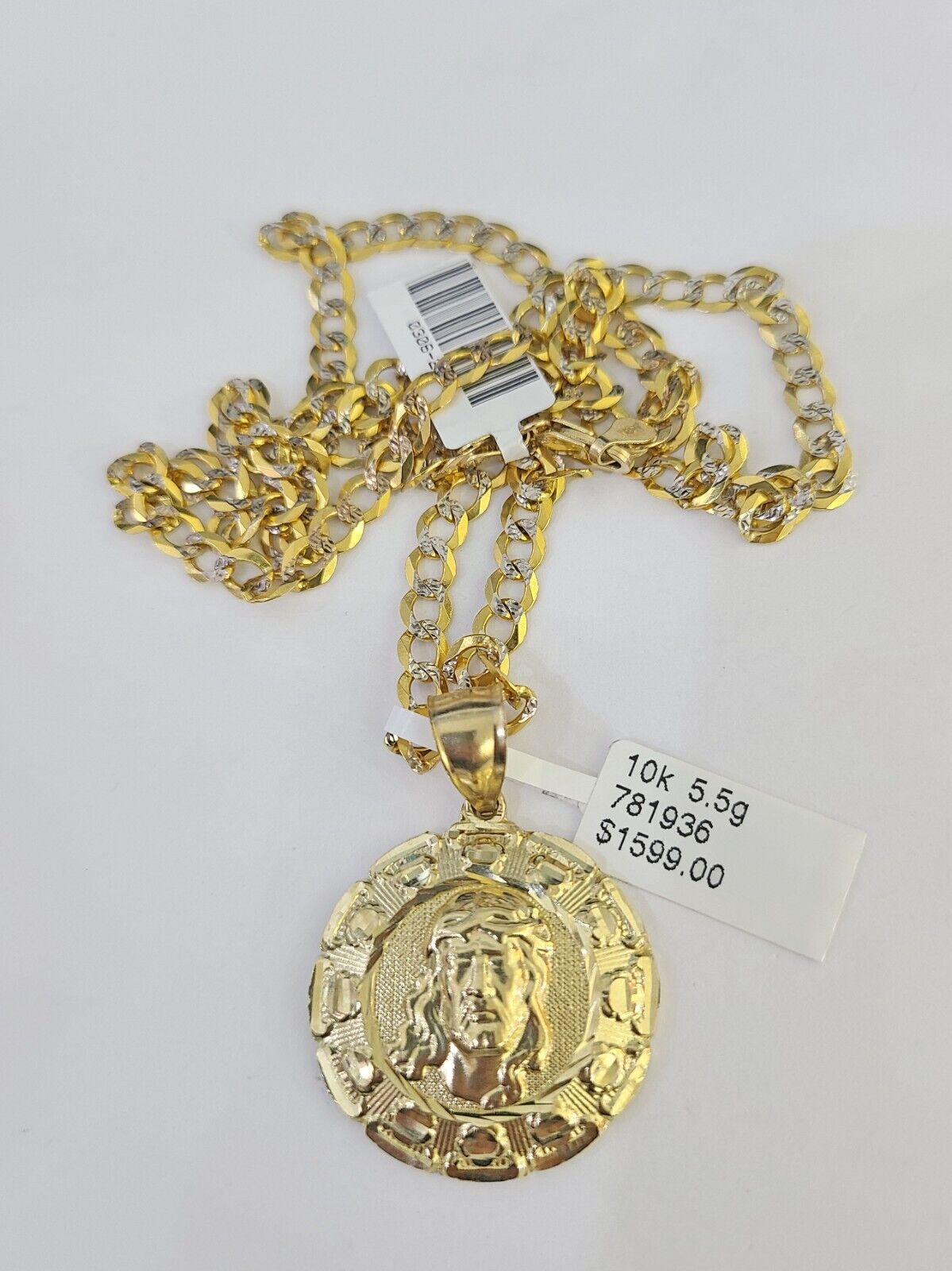 10k Gold Chain Jesus Head Charm Solid Cuban Curb Link 5mm 18"-28" Inch SET Necklace
