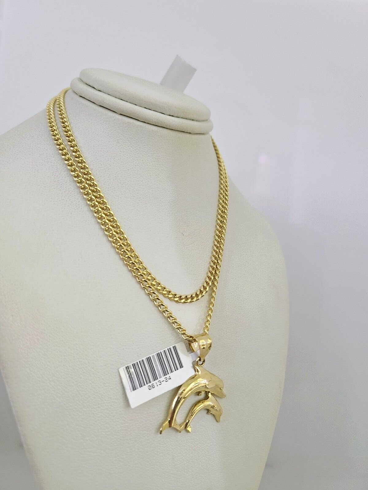 10k Gold Miami Cuban Chain Dolphins Charm Pendant 3mm 18-28in Necklace Set