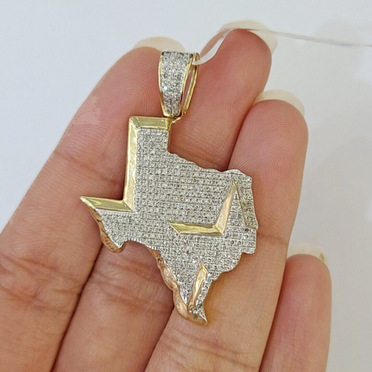 10k Yellow Gold Diamond Texas Map Charm Men Women Pendant Genuine 1.5" Real