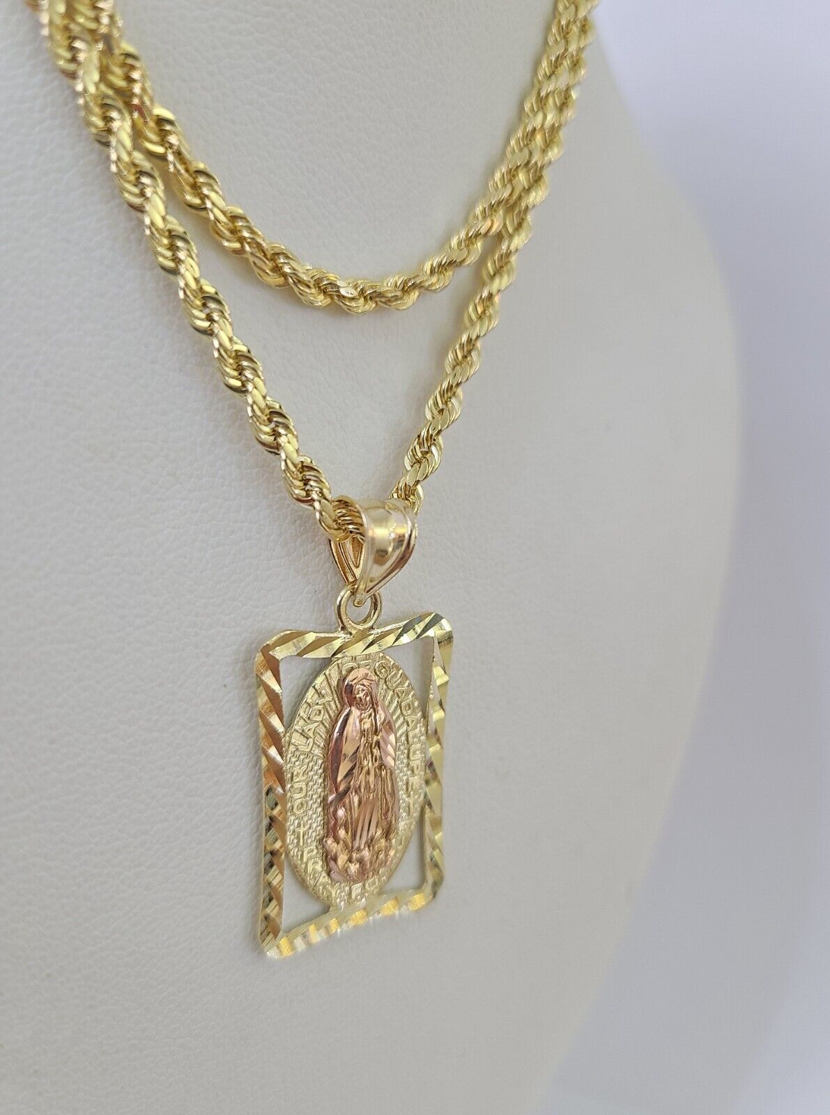 10k 3mm Rope Chain Virgin Mary Pendant 18"-30" Yellow Gold Set Charm Necklace