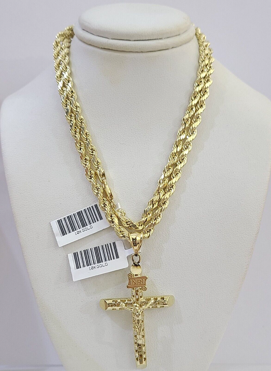 Real 10k Gold Rope Chain Cross Charm Pendent SET 4mm 26 Inch 4mm Necklace Men's