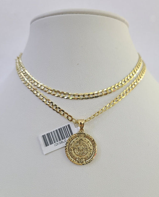 10k Gold Cuban Curb Chain Mayan Calendar Charm Solid 4mm 18"-28" SET Necklace