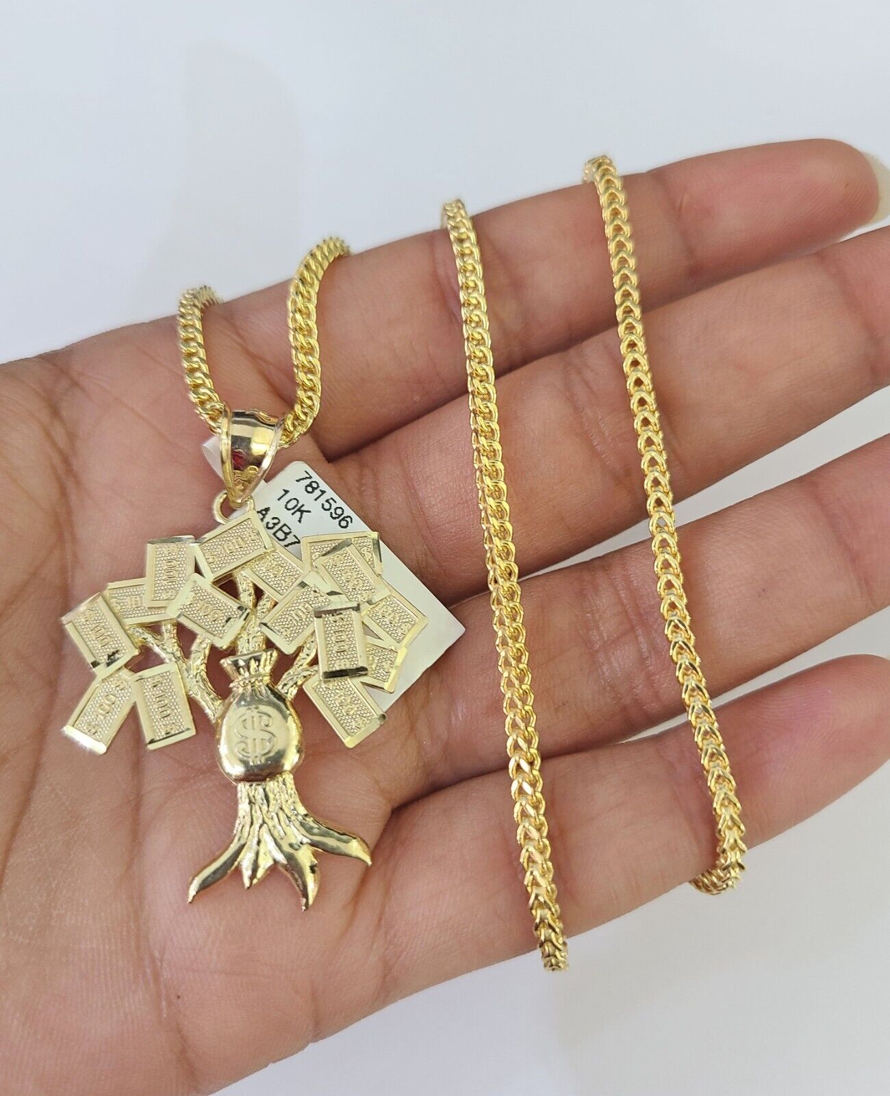 10K Franco Chain Money Tree Pendant Charm Necklace 20"-26" 2.5mm Yellow Gold