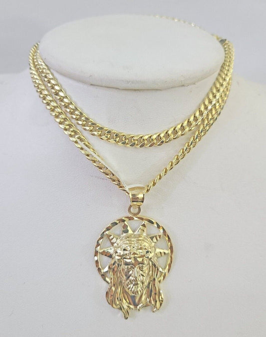 10k Jesus Head Charm Miami Cuban Chain Pendant Set 5mm Necklace Yellow Gold