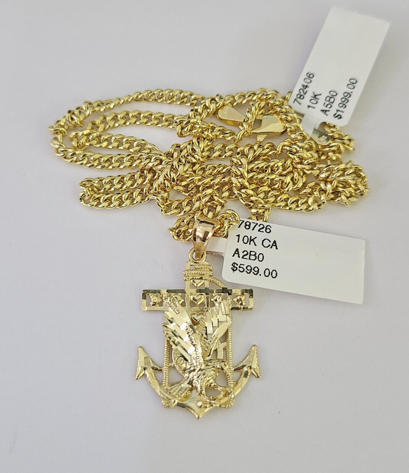 10K Gold Miami Cuban Chain Eagle Anchor Charm 18"-28" 3mm REAL Pendant Necklace