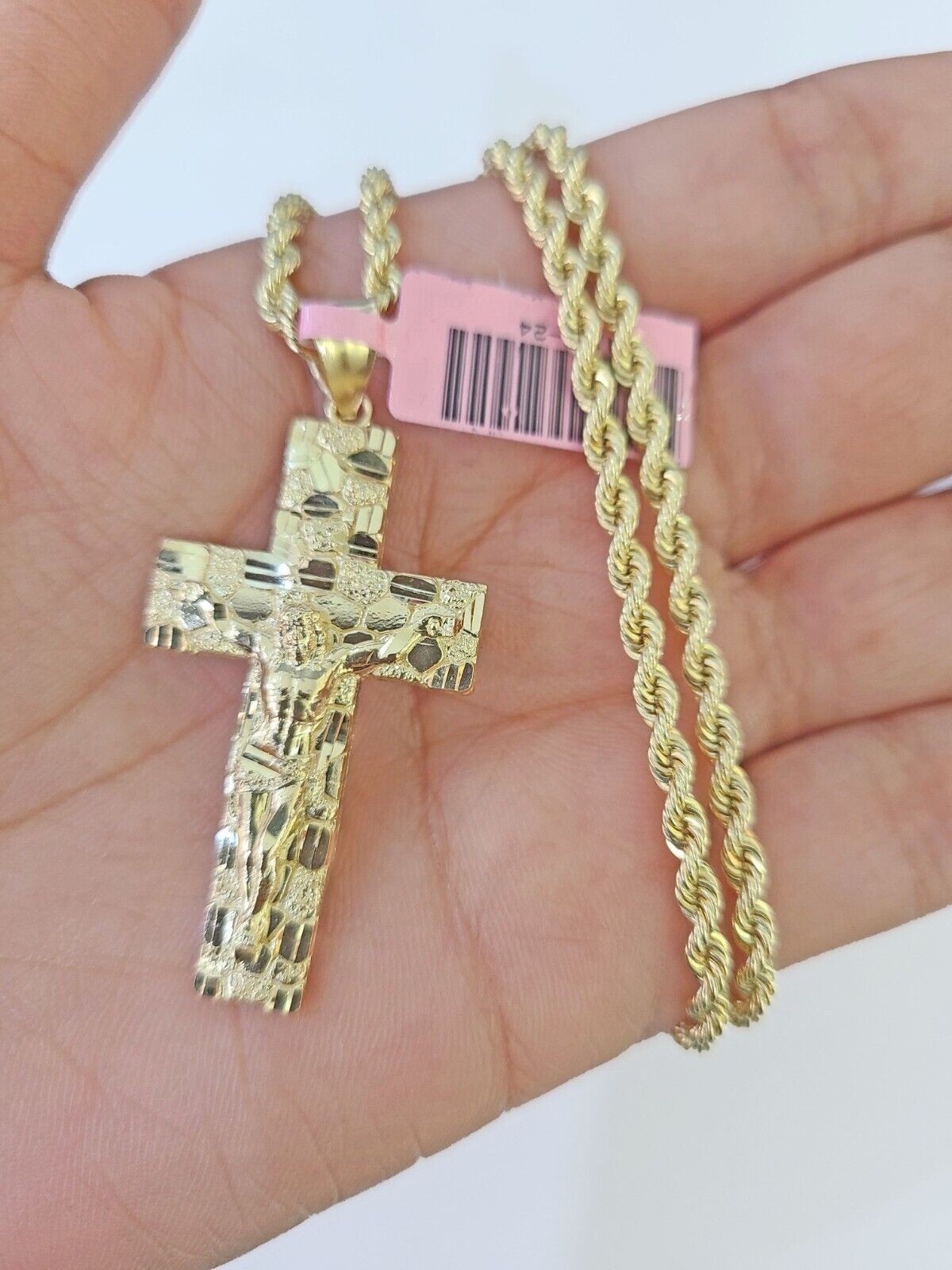 Real 14k Rope Chain Jesus Cross Charm Set Yellow Gold 3mm 18"-26" Necklace