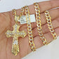 10k Gold Chain Cuban Curb Link Jesus Cross Pendant 6mm 20"-30" SET Necklace Solid Two-tone