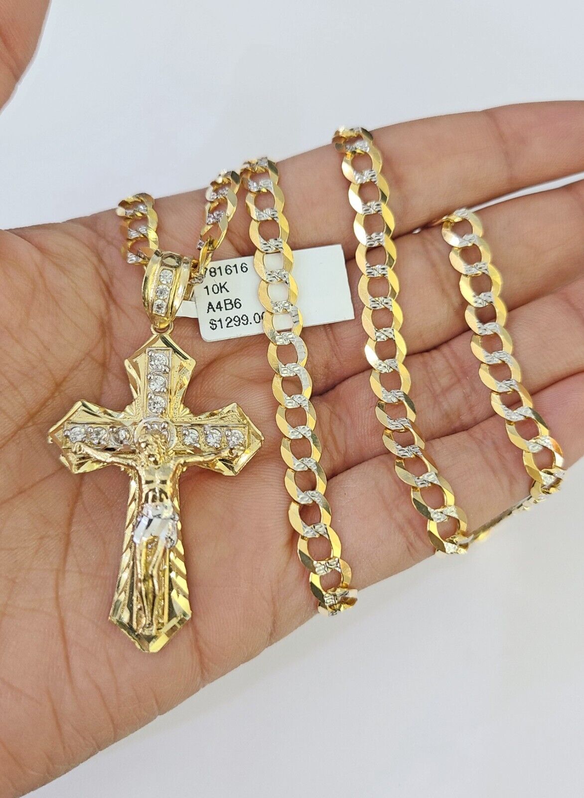 10k Gold Chain Cuban Curb Link Jesus Cross Pendant 6mm 20"-30" SET Necklace Solid Two-tone