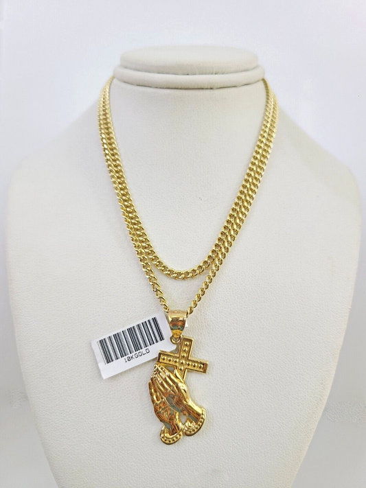 10k Gold Miami Cuban Chain Praying Hands Charm Pendant 3mm 18-28in Necklace Set