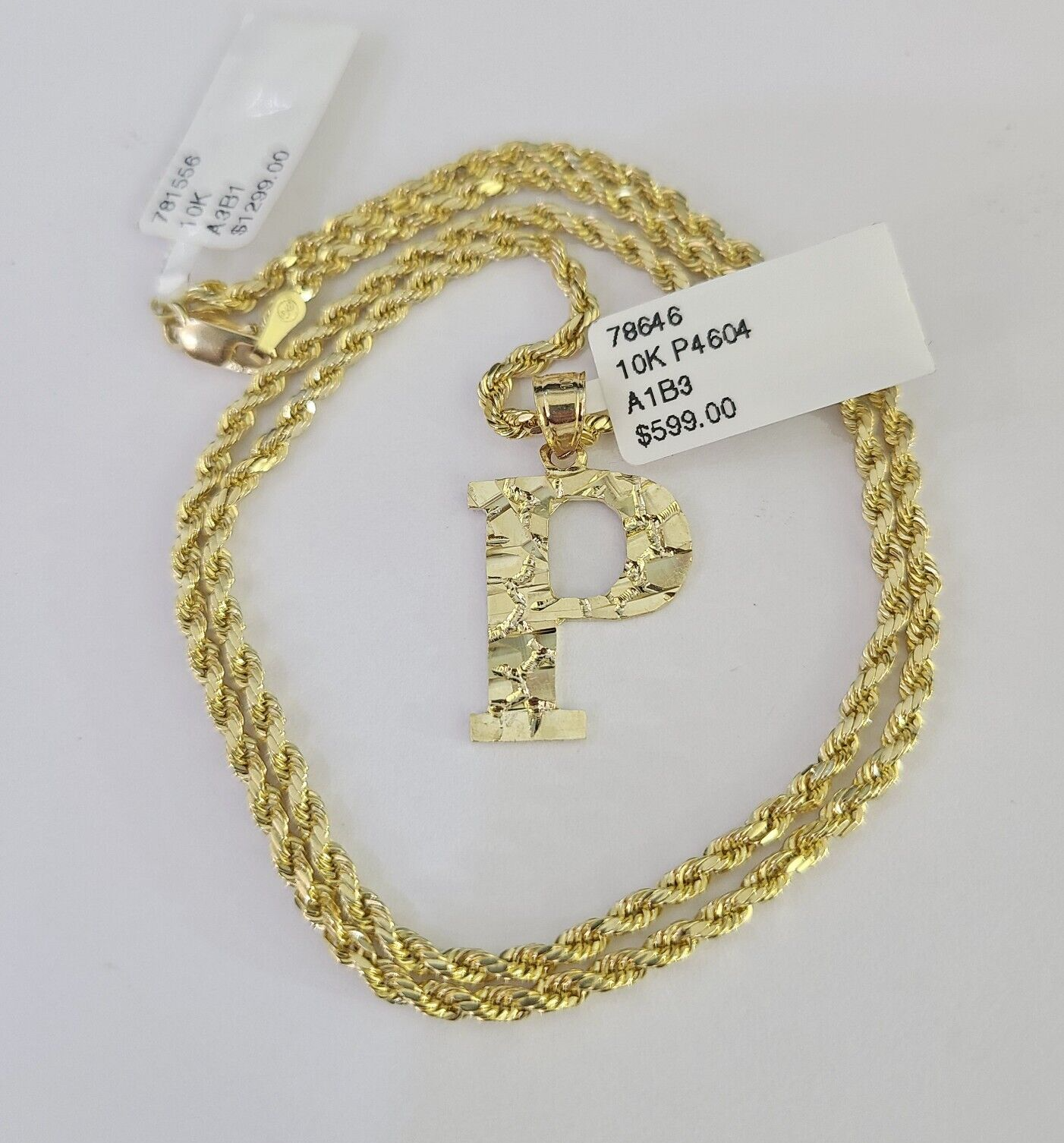 10k Gold Initial P Charm Rope Chain 16"-26" 2.5mm SET Necklace Alphabet Pendant