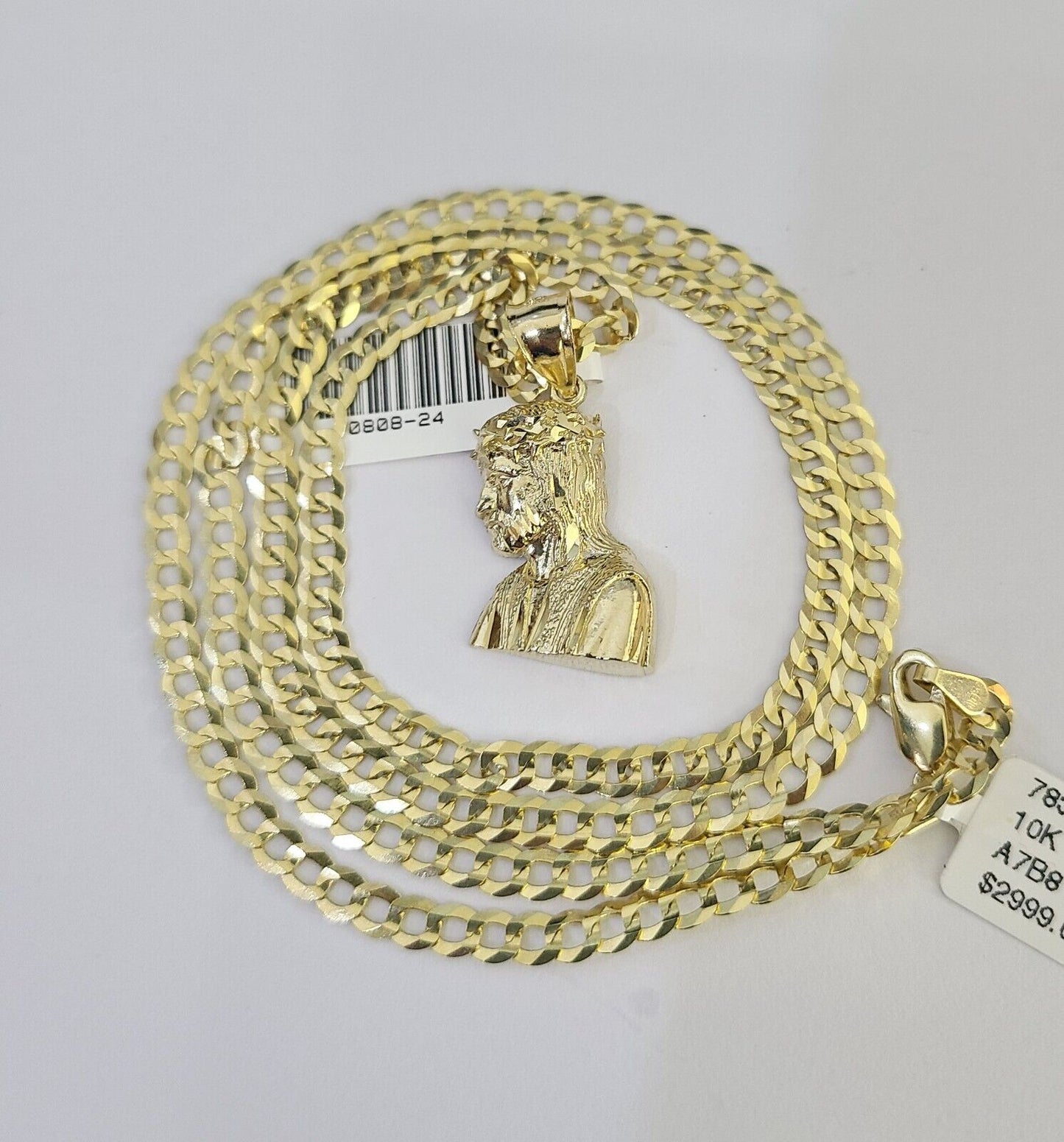 10k Gold Cuban Curb Chain Jesus Head Charm Solid 4mm 18"-28" SET Necklace