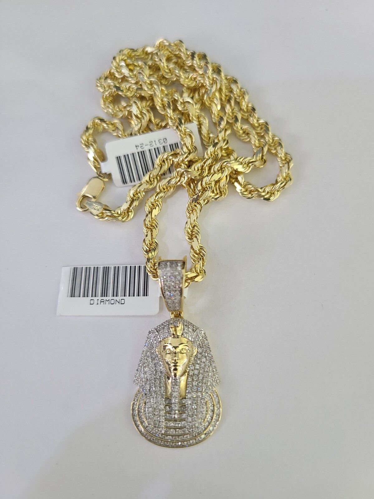 10k Solid Rope Chain Pharaoh Charm Diamond Set 4mm 20"-28" Necklace Gold Yellow