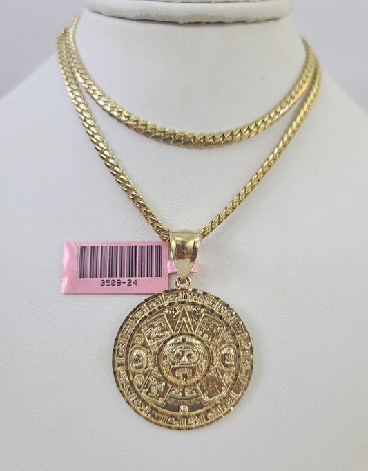 Real 14k Solid Chain Mayan Calendar Charm Set Miami Cuban 3mm Necklace Pendant