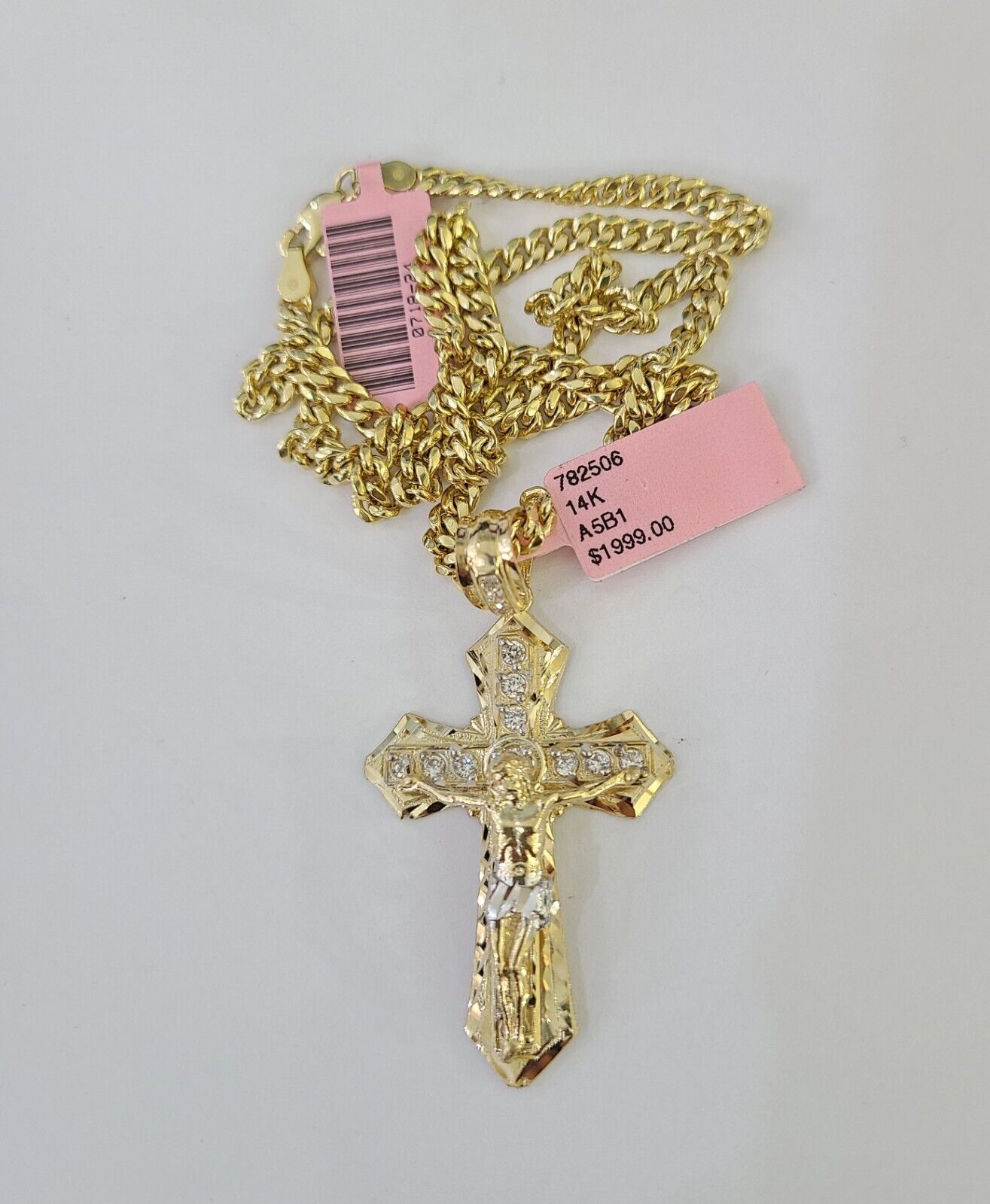 Real 14k Chain Cross Charm Set Miami Cuban Link 4mm Necklace Pendant Yellow Gold