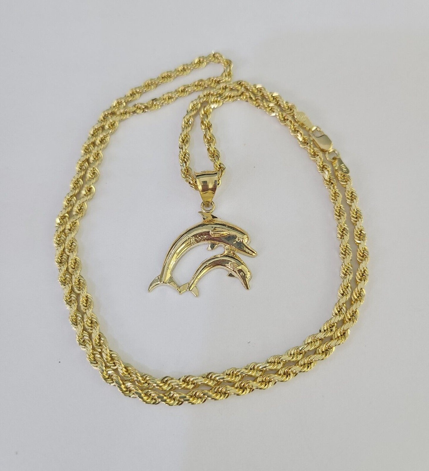 10k 3mm Rope Chain Dolphin Pendant 18" 20" 22" 24" 26" 28" 30" Gold Set Charm