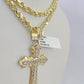 10k Solid Rope Chain Jesus Cross Charm Set 4mm 18"-30" Necklace Gold Pendant