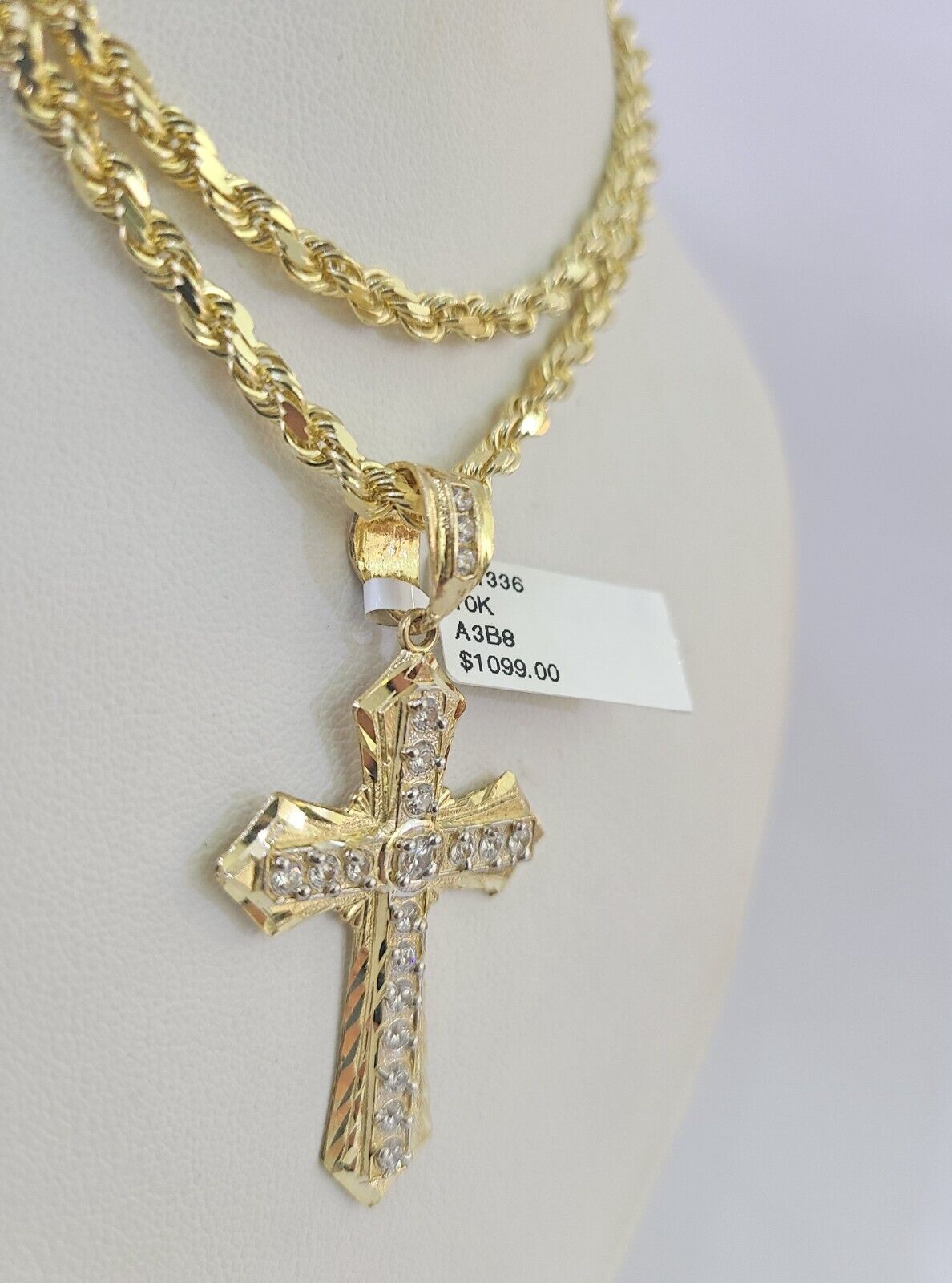 10k Solid Rope Chain Jesus Cross Charm Set 4mm 18"-30" Necklace Gold Pendant