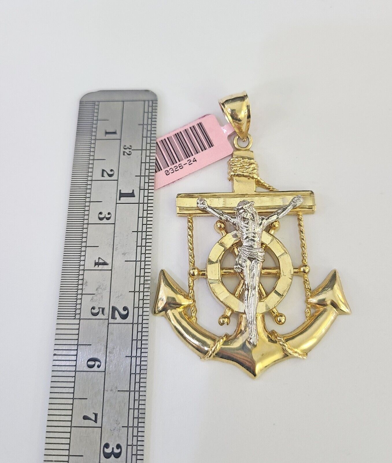 14k Solid Figaro Chain Jesus Anchor Charm Pendant Gold 7mm 20"-30" SET Necklace