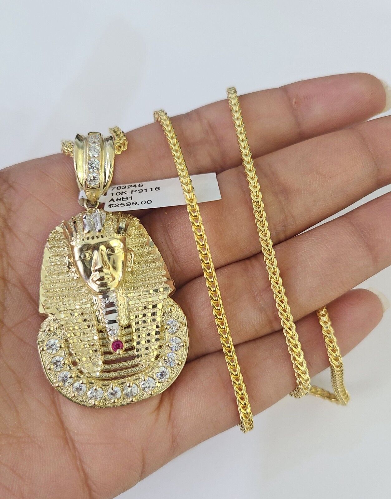 10K Franco Chain Pharaoh Head Pendant Charm Necklace 20"-26" 2.5mm Yellow Gold