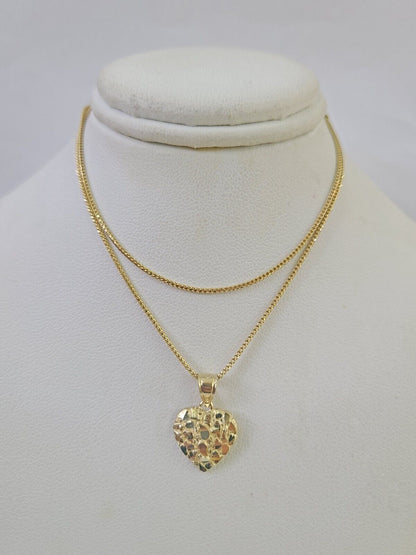 10K Solid Franco Chain Nugget Heart Pendant Charm Necklace 18"-24" 1mm Gold