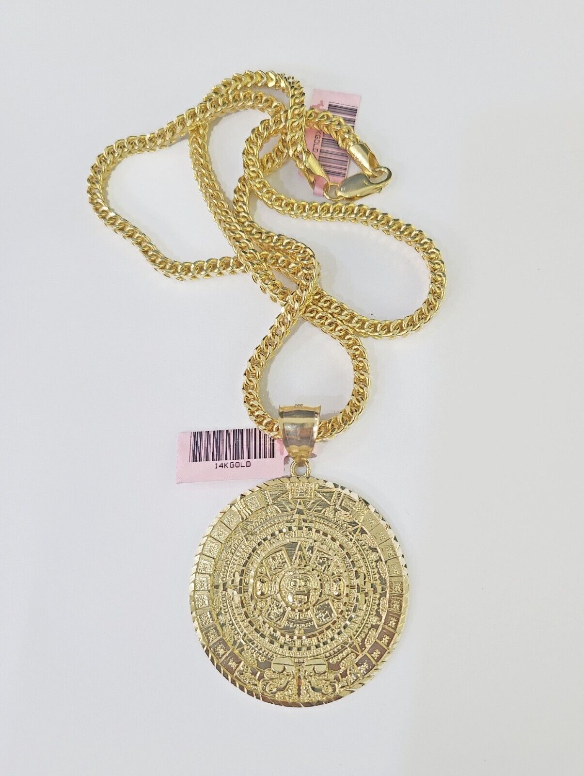 Real 14k Gold Franco Necklace Chain Mayan Calendar Charm 18"-26" SET For Mens