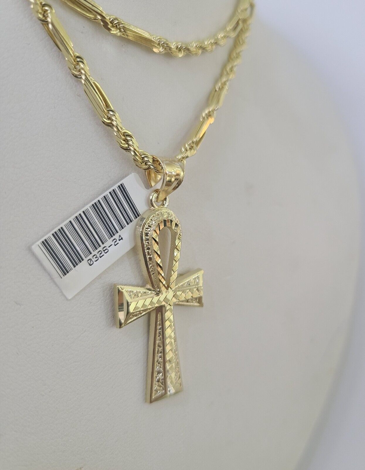 10k Milano Rope Chain Ankh Jesus Cross Charm Necklace SET 3mm 18" 20" 22" 24"