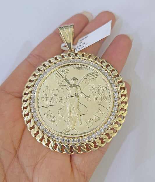 REAL 10k Gold Charm Pendant Centenario Style Coin With Bezel 50 Pesos 1947 10KT