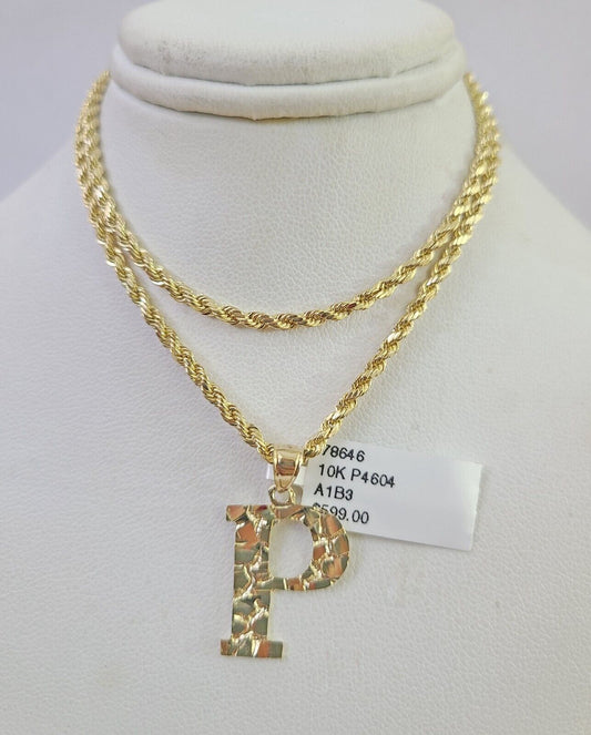 10k Gold Initial P Charm Rope Chain 16"-26" 2.5mm SET Necklace Alphabet Pendant