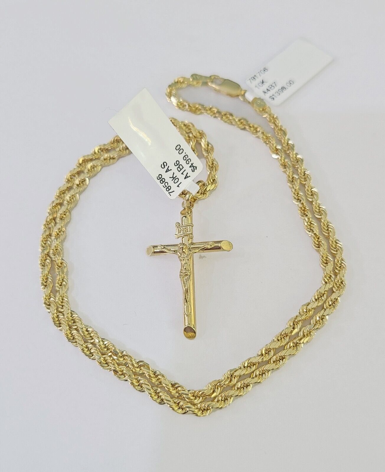 Real 10k 3mm Rope Chain INRI Cross Pendant 18" 20" 22" 24" 26" Gold Set