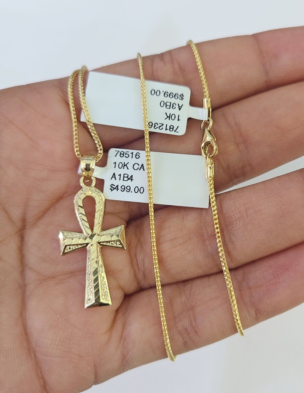 10K Solid Franco Chain Ankh Cross Pendant Charm Necklace 18"-24" 1.5mm Gold