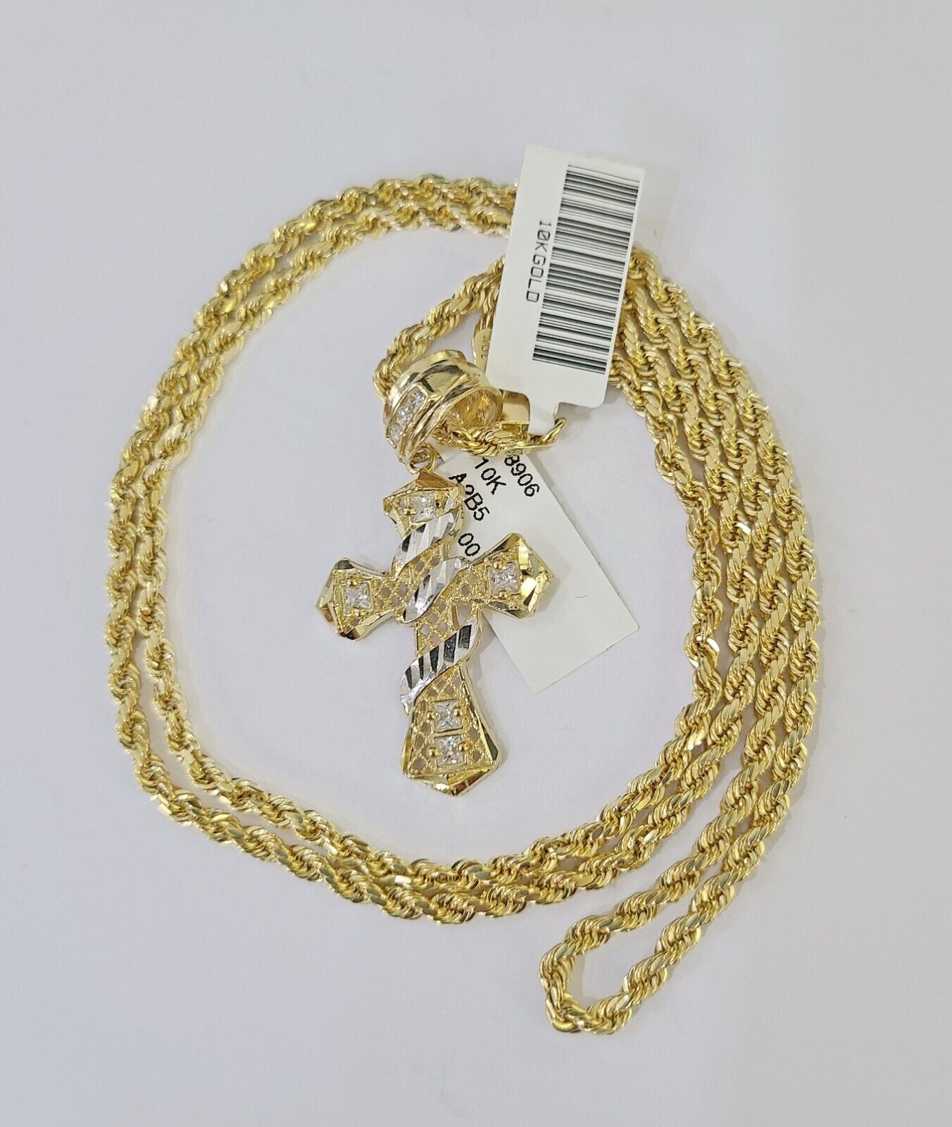 Real 10k 3mm Rope Chain Spiral Cross Pendant 18" 20" 22" 24" 26" Gold Set