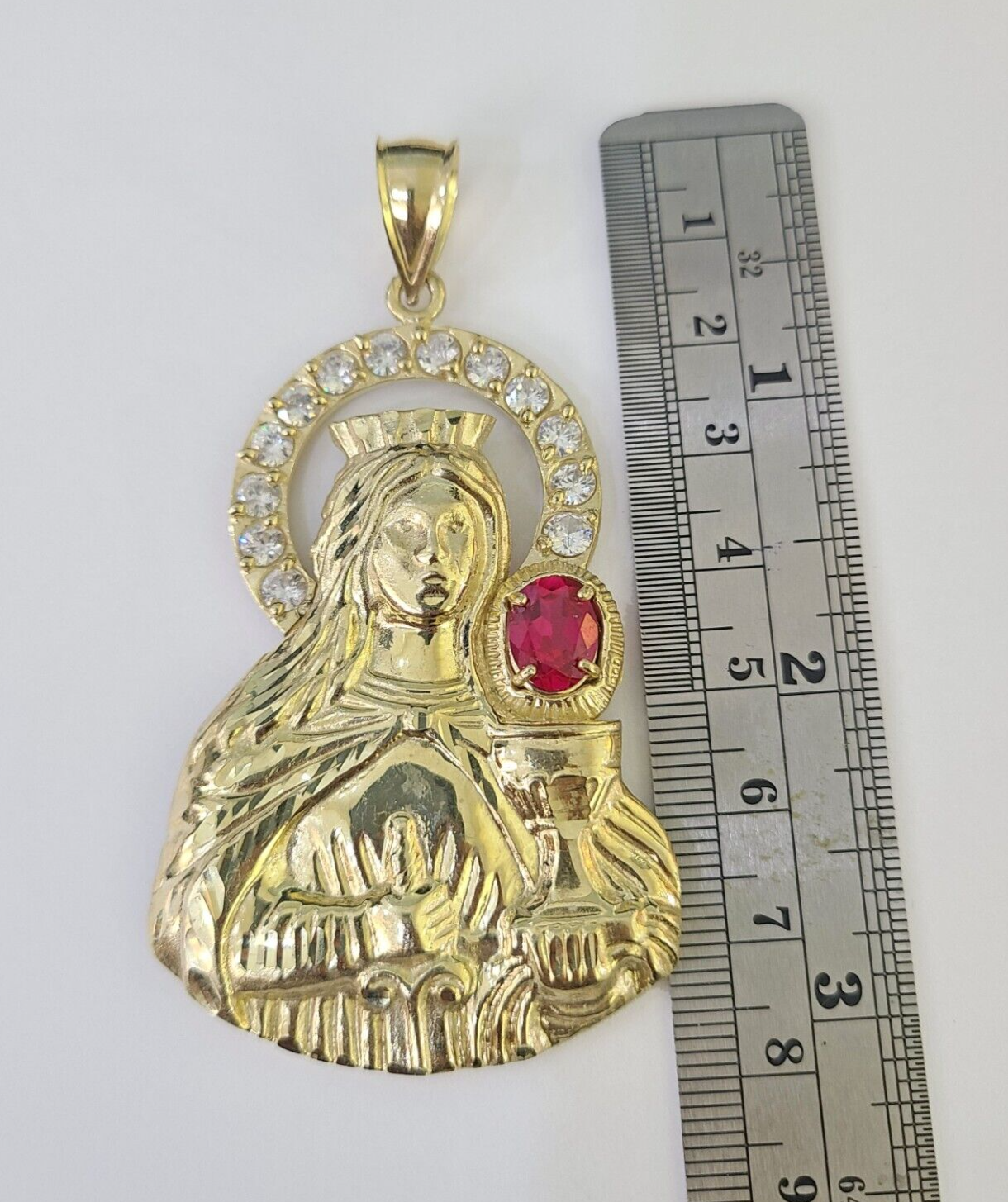 Real 10K Gold Saint Barbara Charm Diamond Cut 10kt yellow Gold Pendent 3"