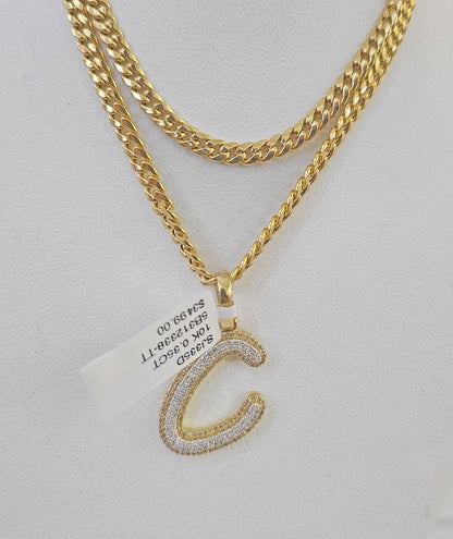 10k Miami Cuban Chain C Diamond Charm Set 4mm 18-26"Yellow Gold Necklace Pendant
