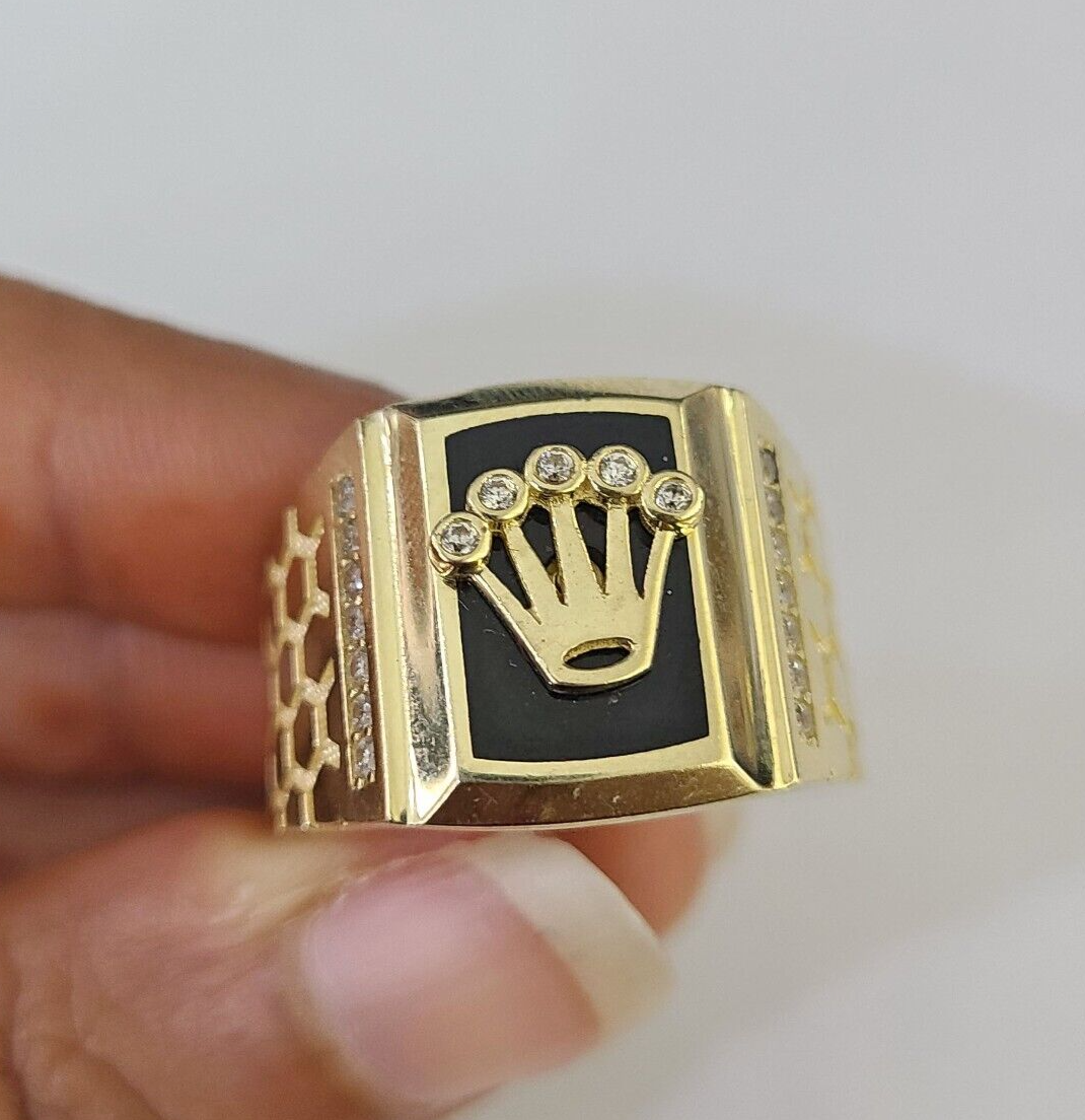 Real 10k Ring Crown Fancy Black Design Yellow Gold Men Casual 10kt