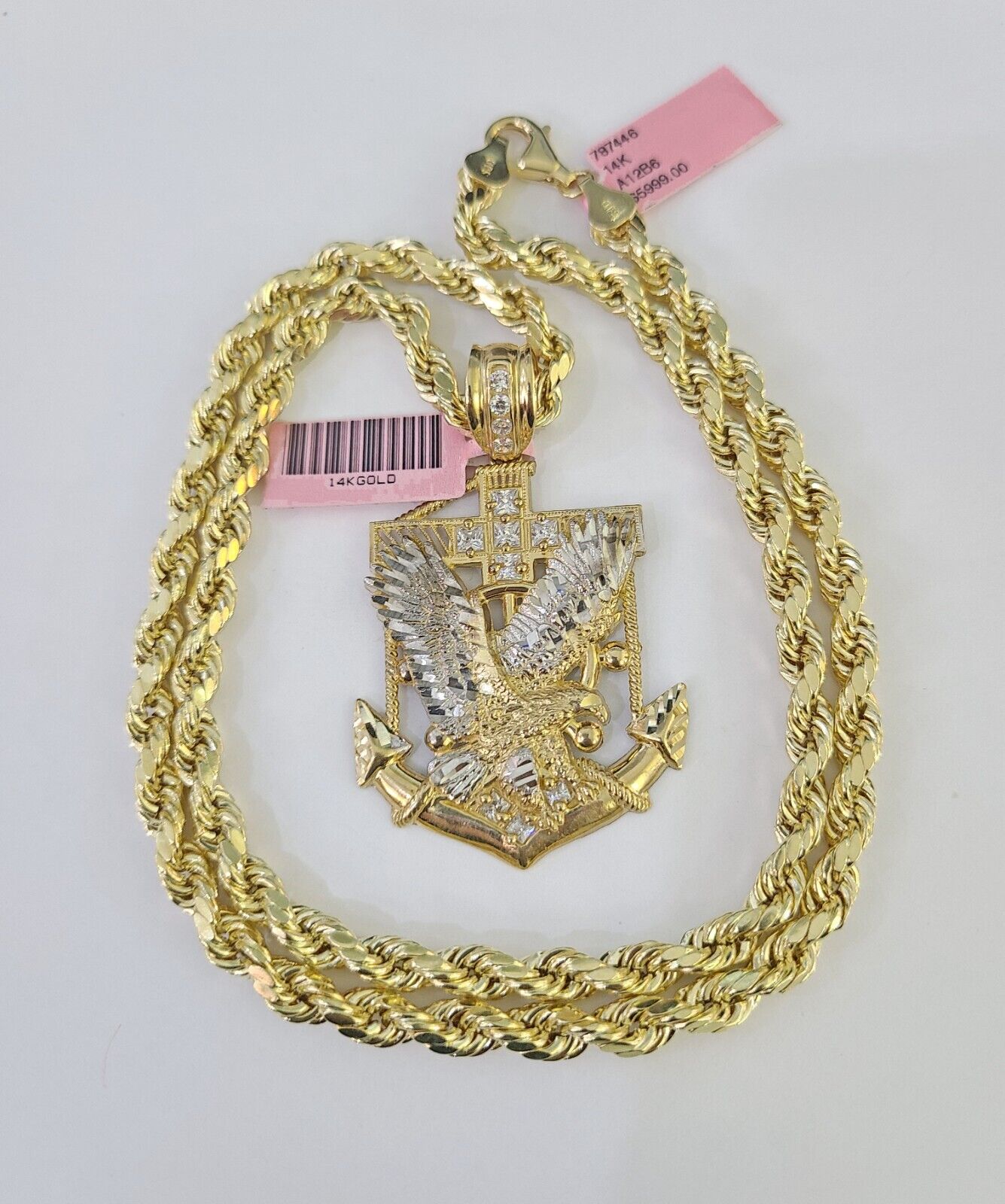 Real 14k Rope Chain Eagle Anchor Charm Set 6mm 18"-28" Necklace Yellow Gold