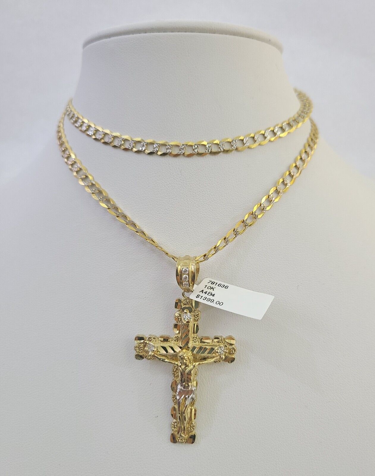 10k Gold Chain Cross Charm Solid Cuban Curb Link 5mm 18"-28" Inch DiamondCut SET