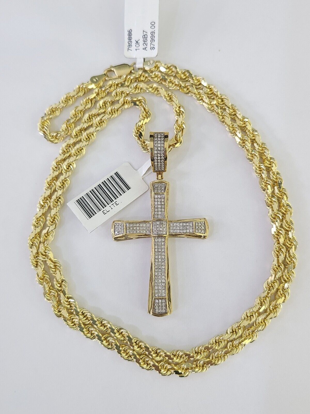 10k Solid Rope Chain Jesus Cross Charm Diamond Set 4mm 20"-28" Necklace Gold