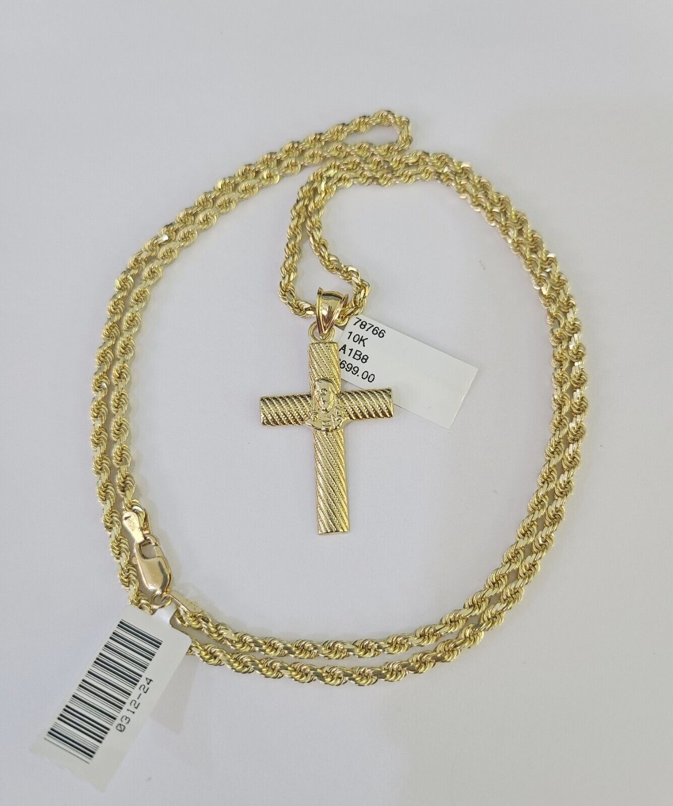 10k Solid Rope Chain 3mm Jesus Cross Pendant Charm Necklace SET 18-28 in