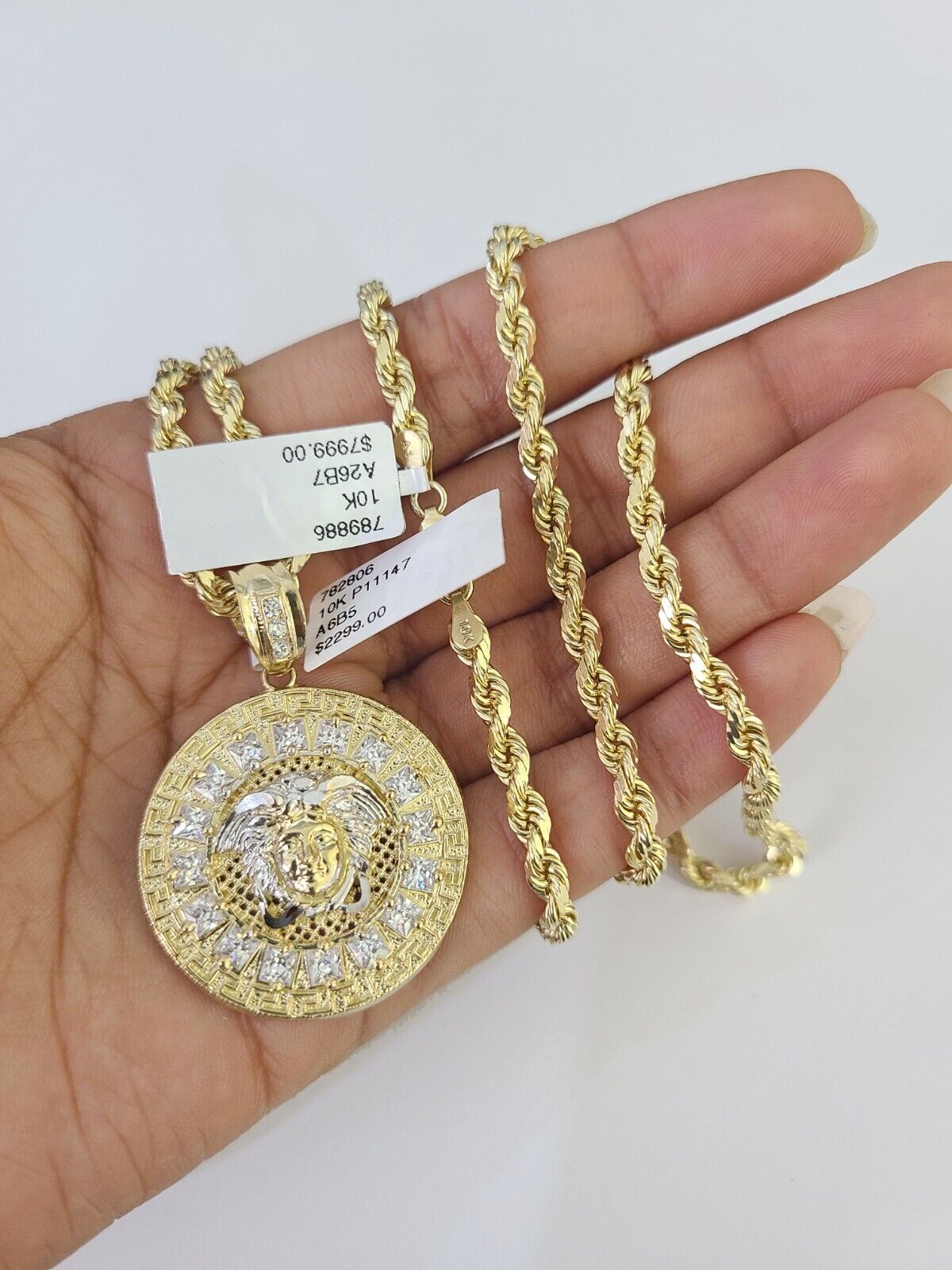 10k Solid Rope Chain Medusa Circular Charm Set 4mm 20"-28" Necklace Gold Yellow