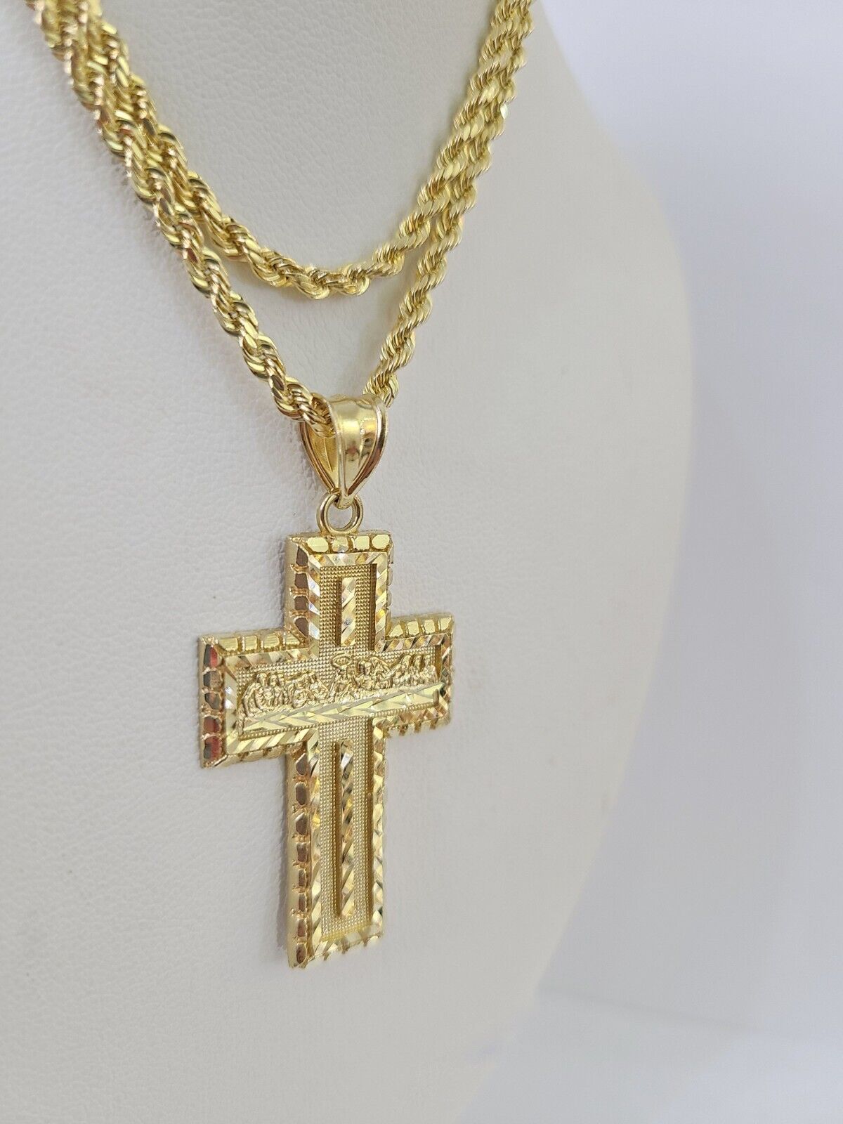 10k 3mm Rope Chain Last Supper Cross Pendant 18"-30" Gold Set Charm Necklace